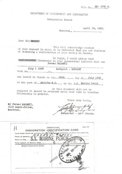 Document for Eva Nadanyi, 1952. Citizenship and Immigration Canada. 