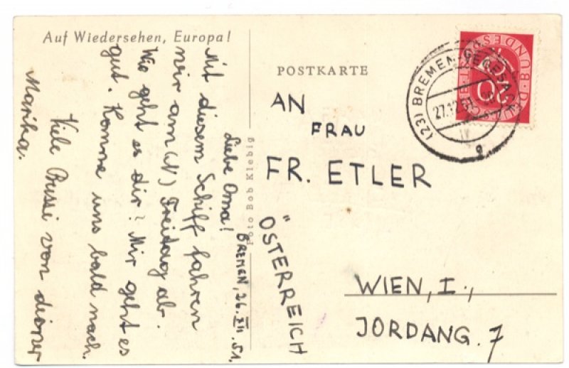 Reverse side of postcard featuring the S.S. Fairsea. Canadian Museum of Immigration at Pier 21 (DI2013.1366.2b).