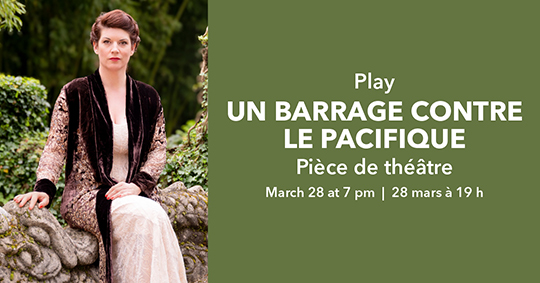 Event information beside a photograph of a red-haired woman in a robe sitting on a retaining wall looking directly at the camera.