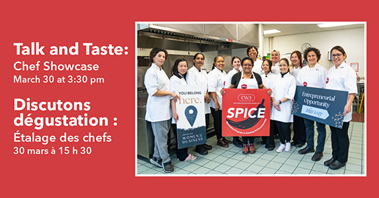 Event information beside a photograph of several women of various races smiling in chef’s jackets.