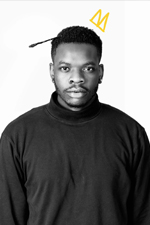 Black and white portrait of Prince Churchill, wearing a black turtle neck sweater.