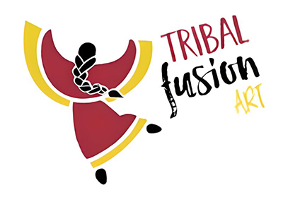 Tribal Fusion logo depicting a joyful Indigenous woman dancing, wearing red and yellow traditional clothing and a long black braid down her back. The logo is vibrant and conveys movement and joy.