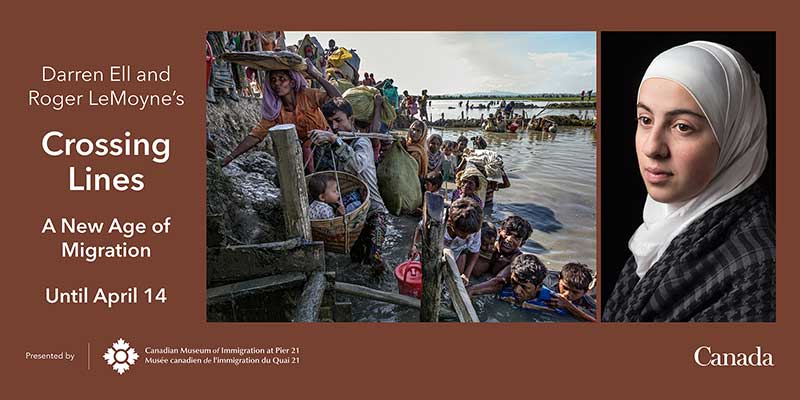 Exhibition information alongside a photograph of people climbing ashore and a portrait of a woman.