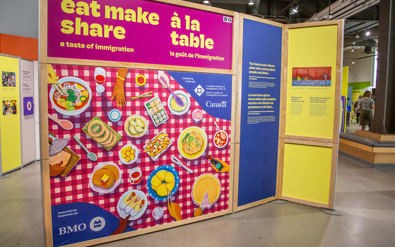 Introductory exhibition panel with eat make share placed above an illustration of a checkered tablecloth with examples of Canadian food.