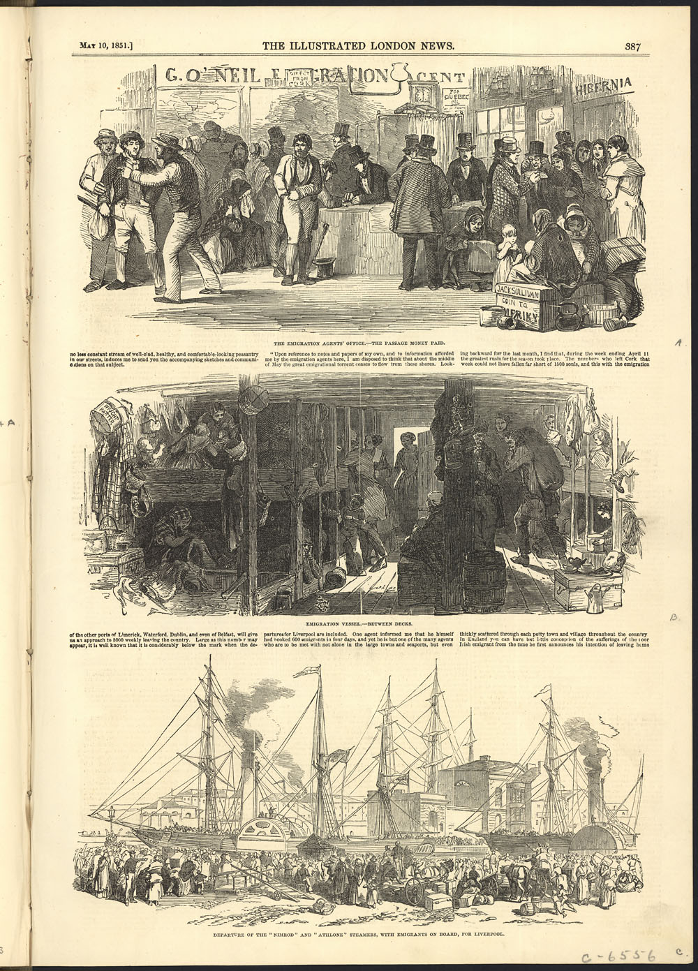 An illustrated newspaper page depicting scenes of Irish emigration.