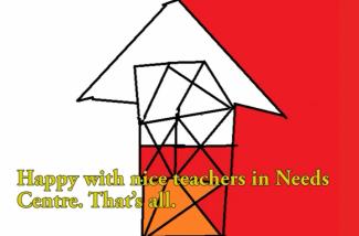 A child's drawing of a house with red and yellow colouring.