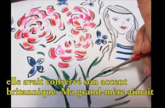 Beautifully illustrated flowers and a young girl.