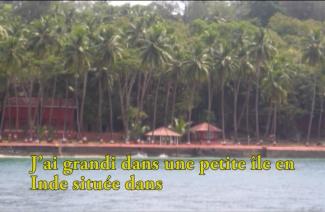 Palm trees and huts line a riverbank.