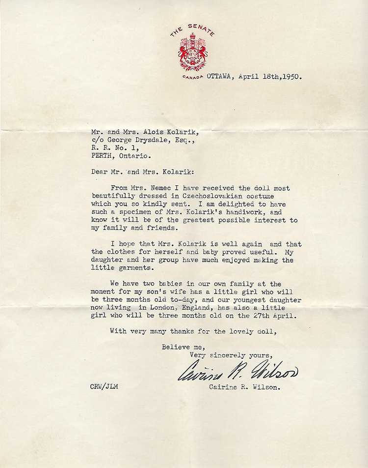 Thank you letter for beautiful doll The Senate Canada logo on the top and date and place on right side.