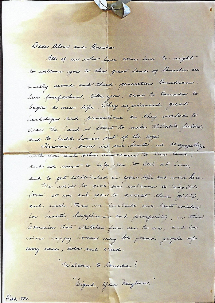 Handwritten Welcome to Canada letter.