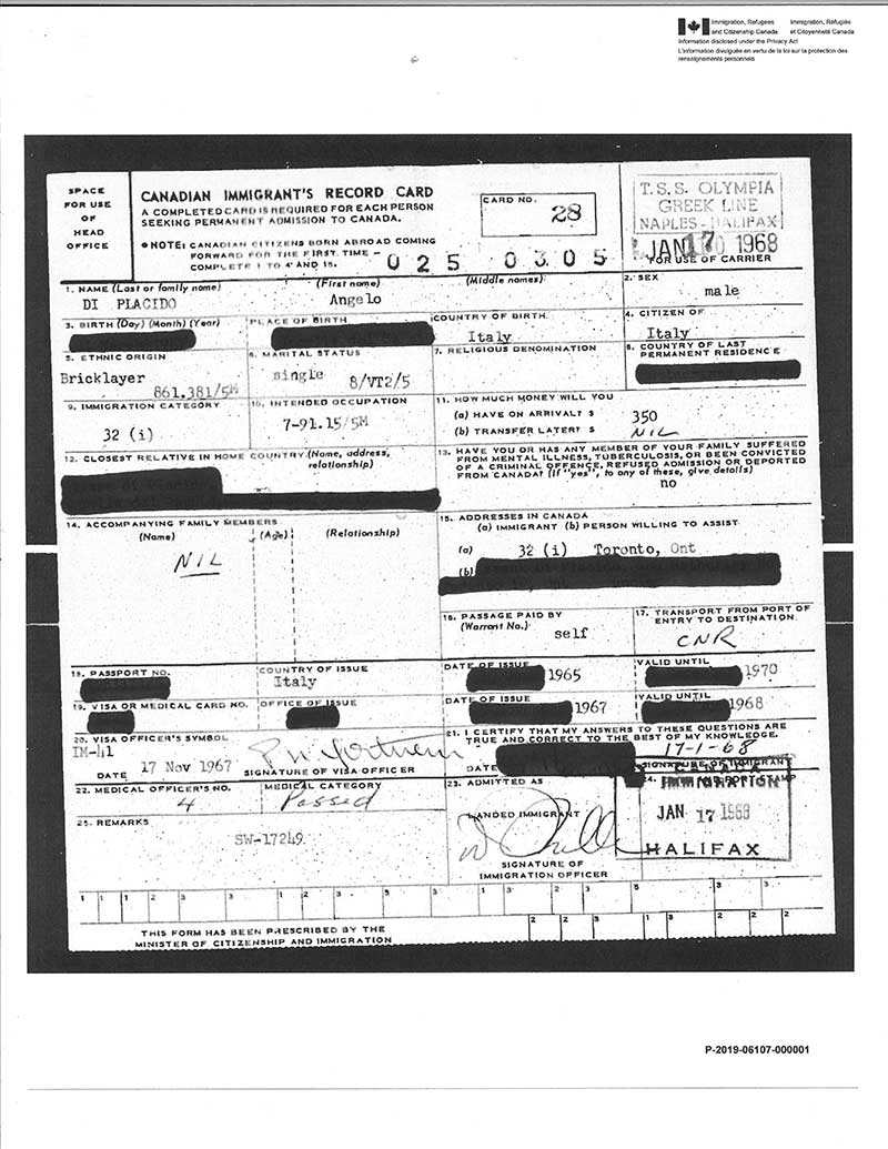 Old copy of Canadian Immigrant card.