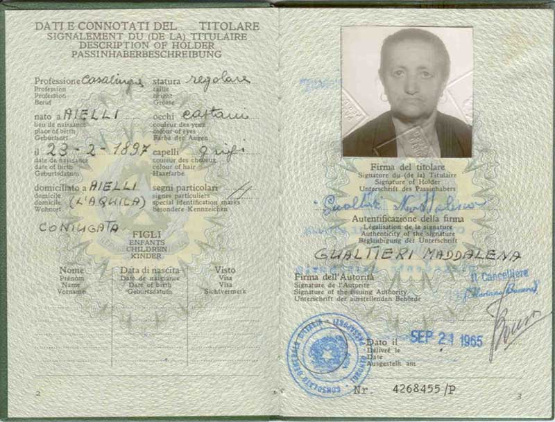 Faded Italian passport, opened to photo page.