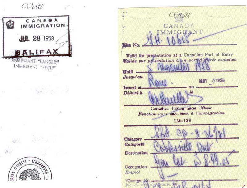 Faded travel document with immigration stamps.