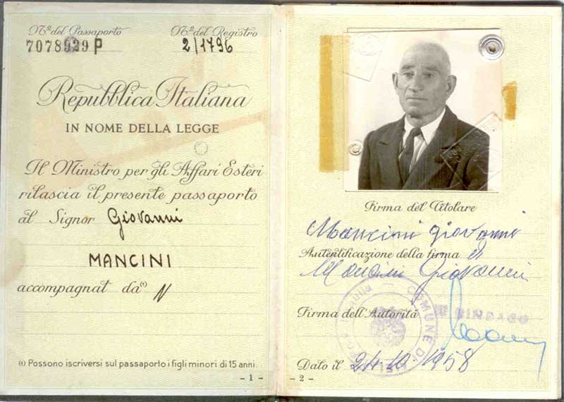 Faded Italian passport, opened to photo page.