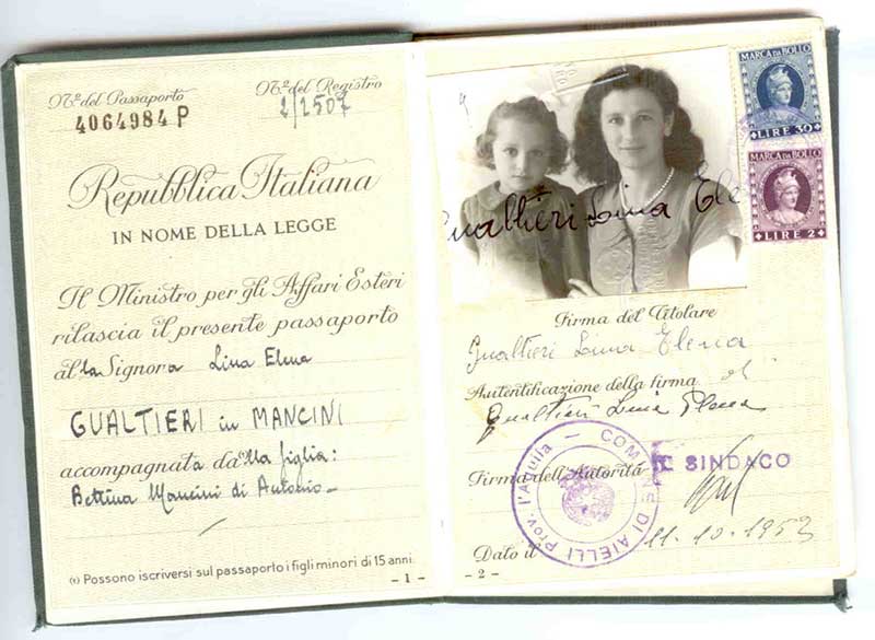 Faded Italian passport, opened to photo page.