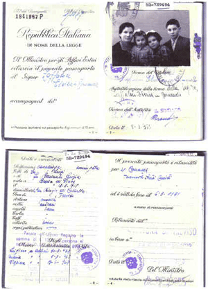 Italian passport photo page showing young woman and children.