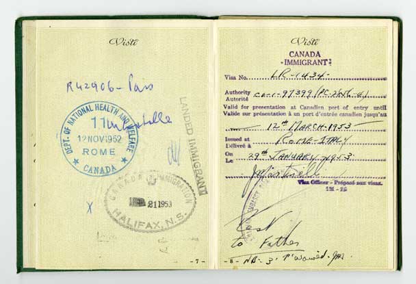 Seventh and eighth page of passport with Canadian immigration details and stamps.
