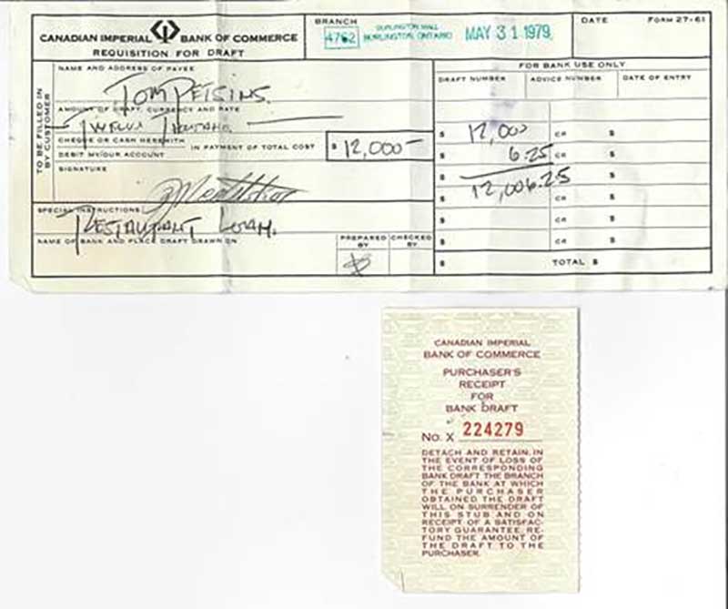An old bank draft slip for twelve thousand dollars.