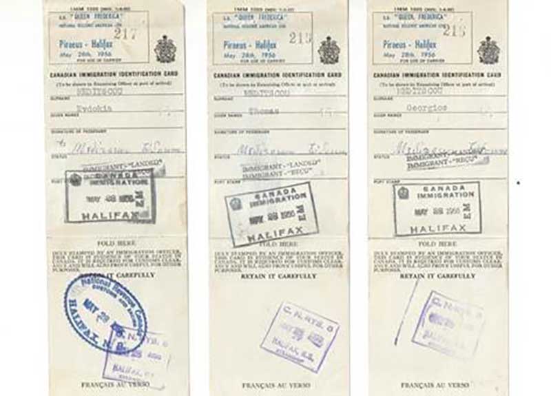 Three Canadian Immigration Identity Cards with stamps on them.