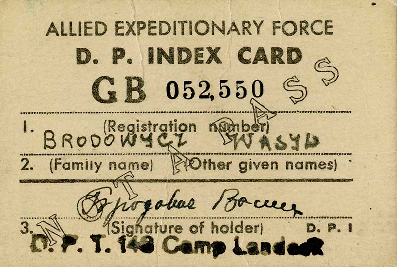 Old yellow DP Index Card in the name of Wasyl Brodowycz