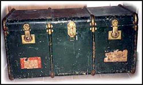 Old green trunk used by the family for travel to Canada.
