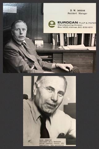 Two old photos with a black border around each, both showing a white man posing for the camera in business attire, one with a Eurocan sign.