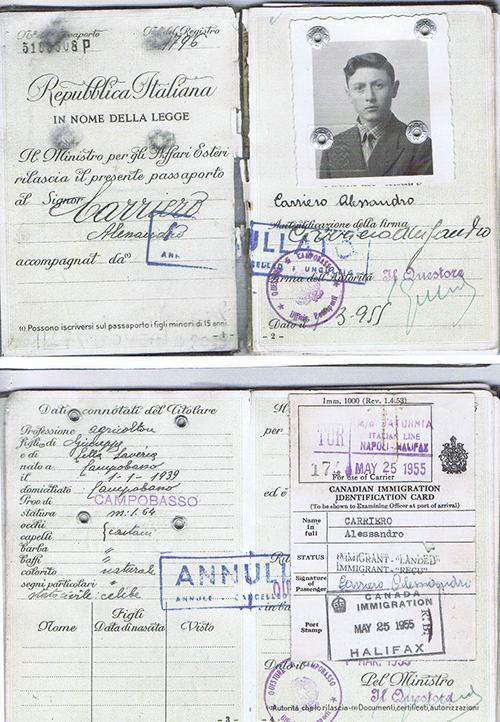 Old passport pages with traveller details and picture.