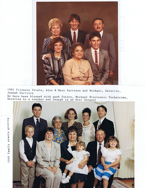 Two different group photos pasted on paper.