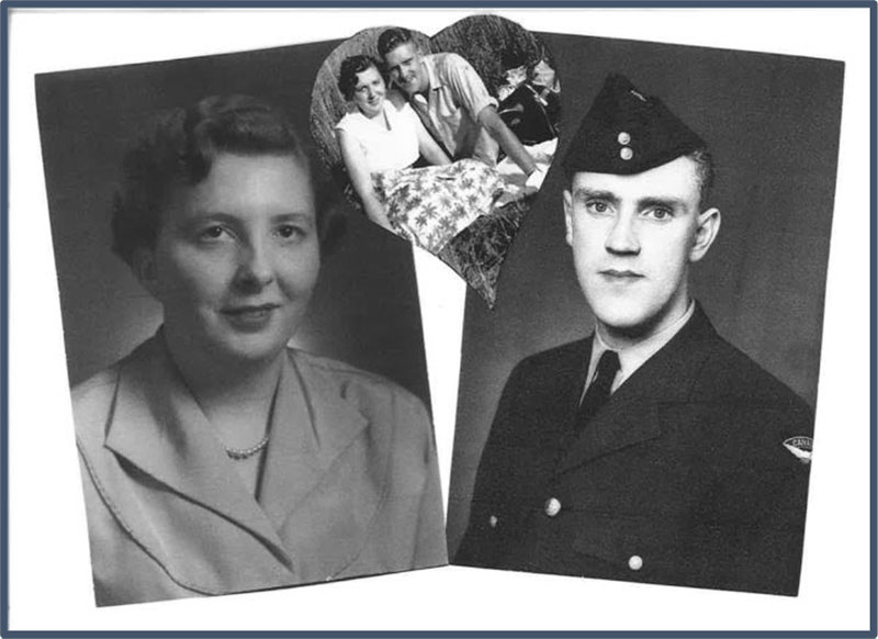 Two portraits of a man and woman are connected by a cropped photo of the couple together, the cropping is in the shape of a heart.