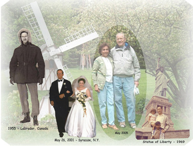 Hank’s colourful collage: wedding day, visit of the Statue of Liberty, in a winter coat.