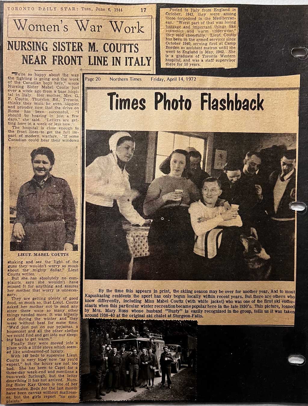 Old newspaper clippings and photos.