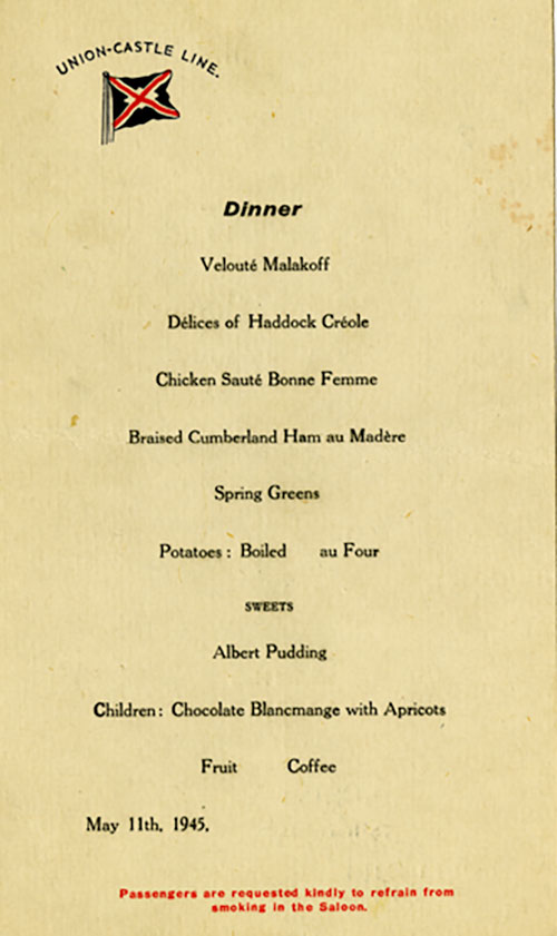On ship - Union Castle Line - menu for breakfast, lunch, dinner dated May 11, 1945.