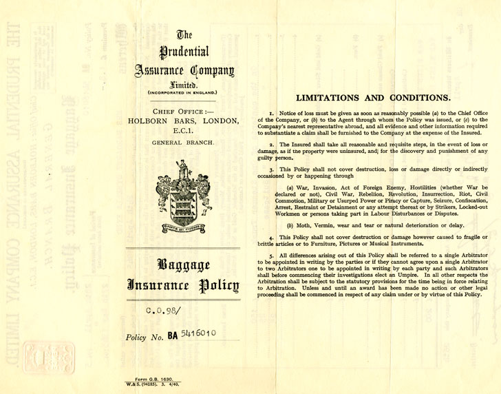 Baggage Insurance Policy from The Prudential Assurance Company Limited.