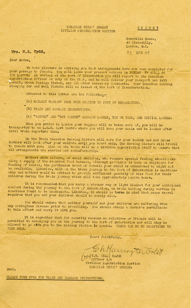 Canadian Wives’ Bureau Civilian Repatriation Section Letter.