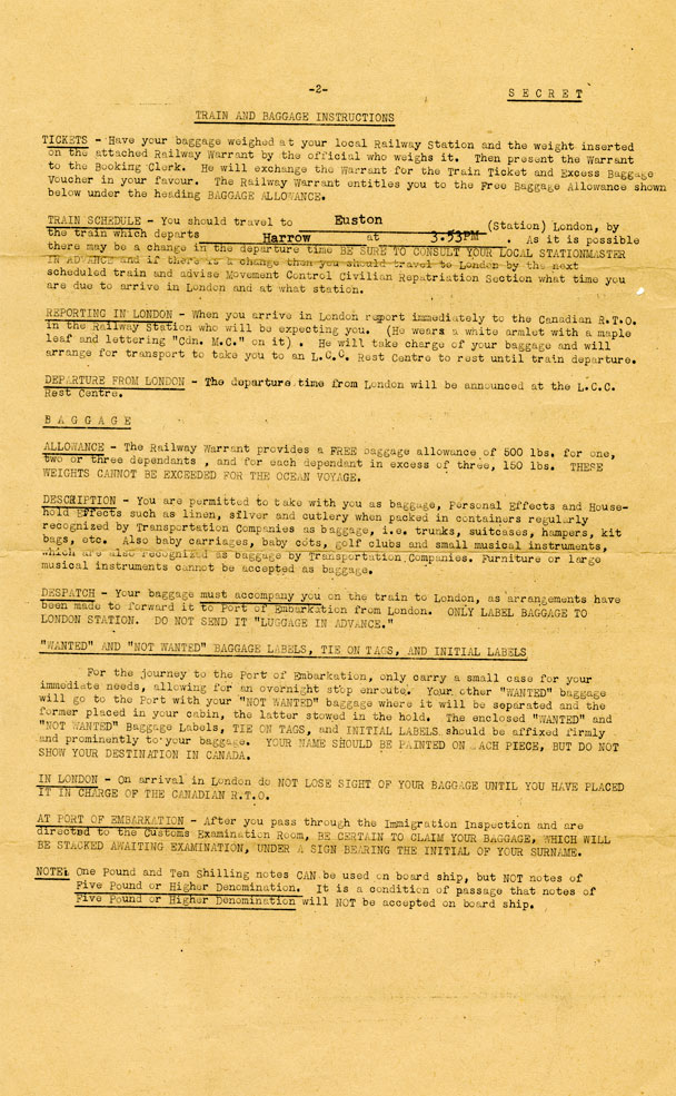 Train and Baggage instructions, letter of information regarding train travel to destination.