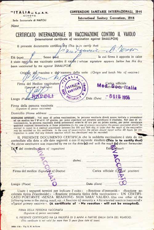 Proof of smallpox vaccination, it is stamped.