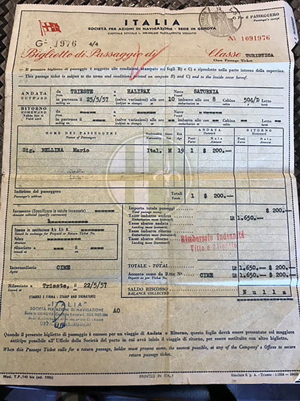 Old ticket for passage on a ship from Italy.