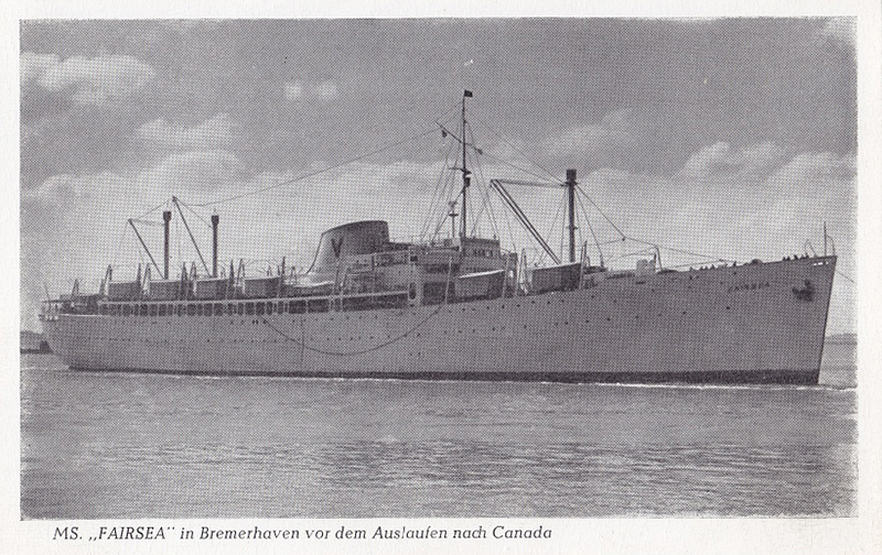 Black and white postcard picturing a ship called the Fairsea.