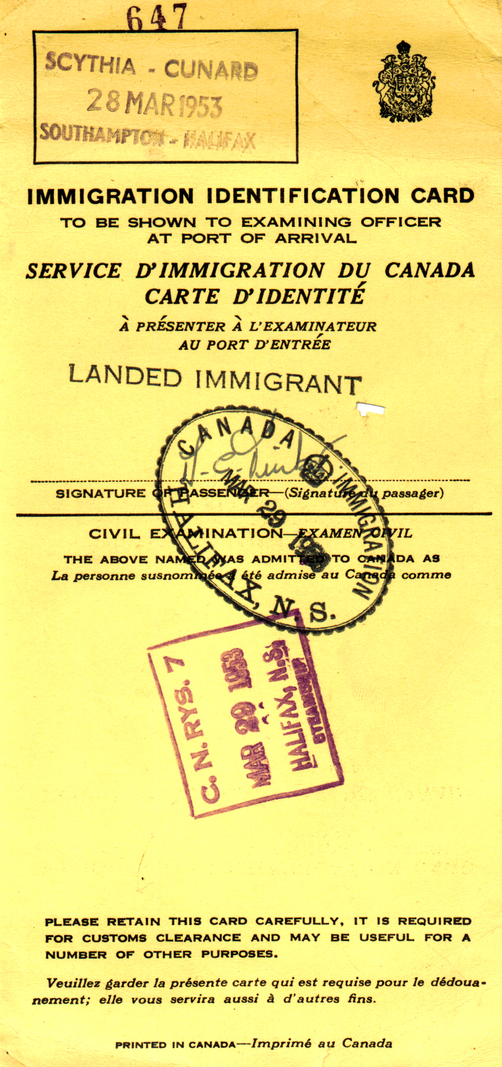 Immigration Identification Card with Canadian stamp on it.