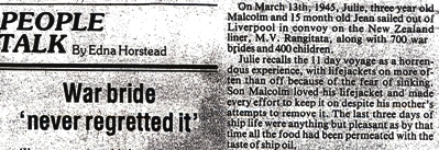 Old, pieced-together newspaper clipping with caption War bride never regretted it.