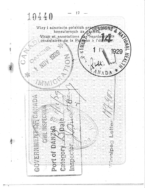 Old paper with Government of Canada, Canada Immigration & Pension and National Health Canada stamps on it.