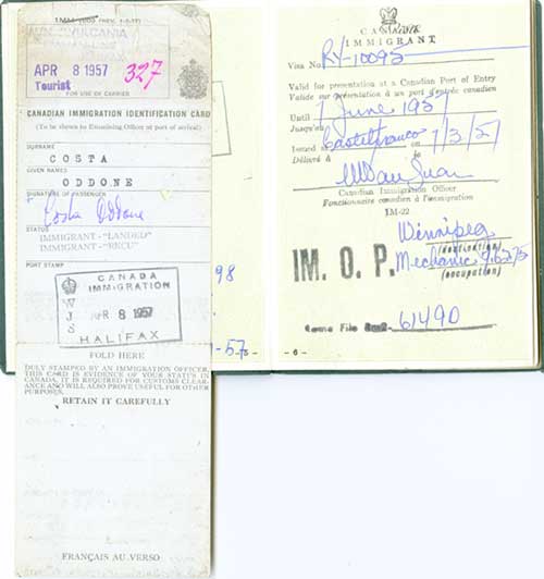 Old Canada Immigrant card, showing stamped dates and information of the card holder.