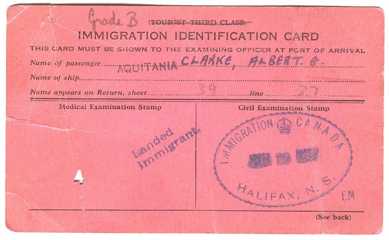 Pink immigration identification card with two stamps, ship and passenger name.