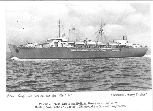 An old postcard depicting a ship from 1951 on the open seas.