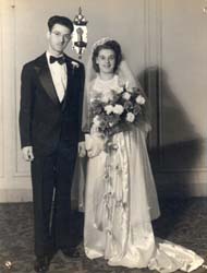 Bride and groom on wedding day at church.