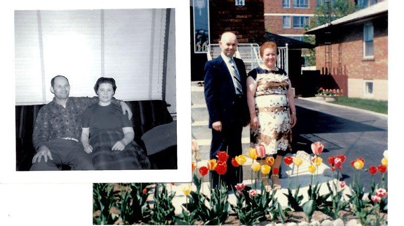 Side by side comparison of a couple in their youth and in their later years.