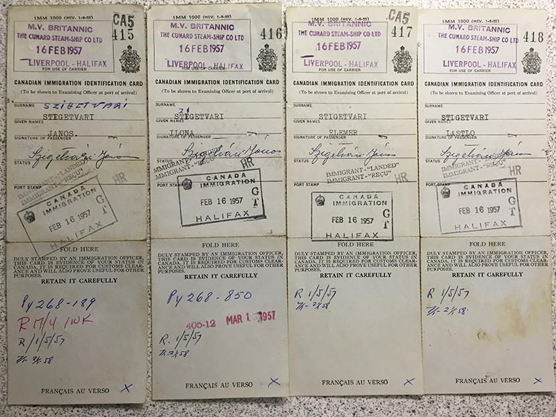 Old Canadian Immigration Identity Cards for a family of four.