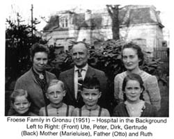 Photograph of seven family members standing in front of the house.