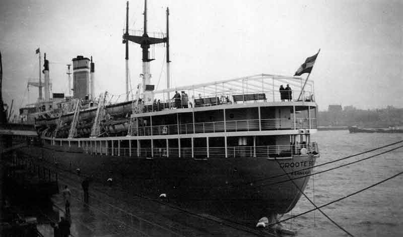 Big ship with flag on the front and Groote written on it.