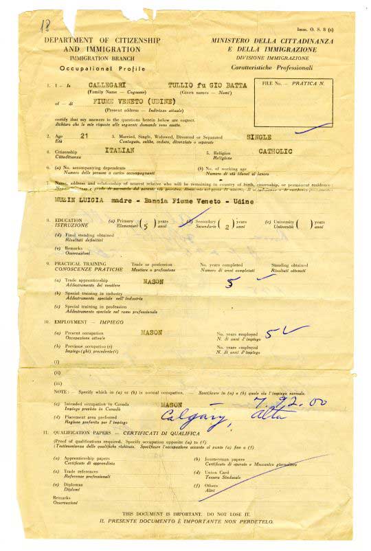 Faded yellow document with title Department of Citizenship and Immigration.